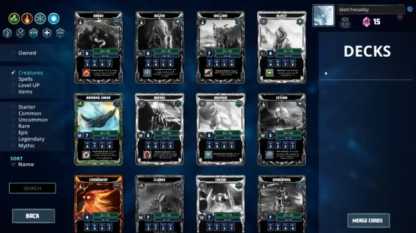 A digital card game interface displays various collectible cards with stats and abilities