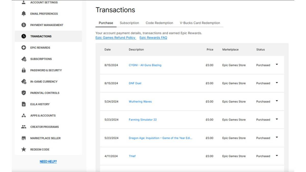 Epic Games transaction history