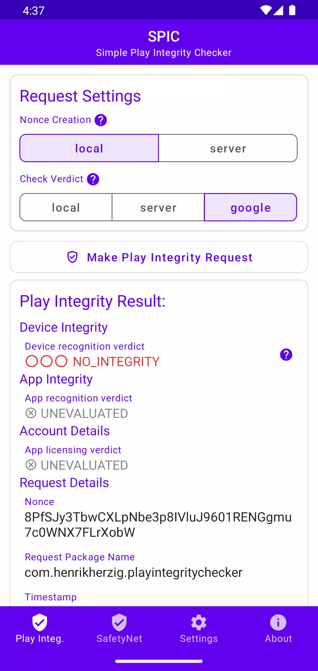 SPIC - Play Integrity Checker स्क्रीनशॉट 0