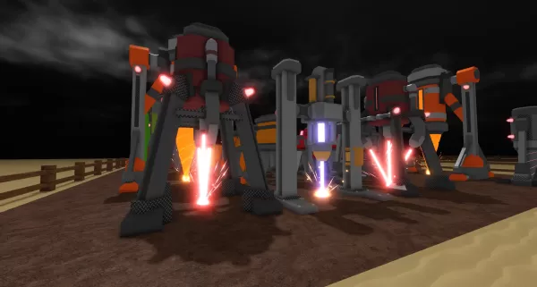 A bunch of drills are drilling the ground in Roblox Untitled Drill Game