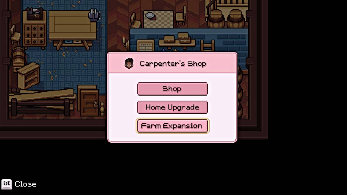 Menu Carpenter Shop dans les champs de Mistria