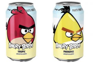 Angry Birds-themed soda cans feature the round red and pointy yellow birds